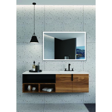 Espejo de baño cuadrado con luz led frontal y con  marco negro Serie Suiza